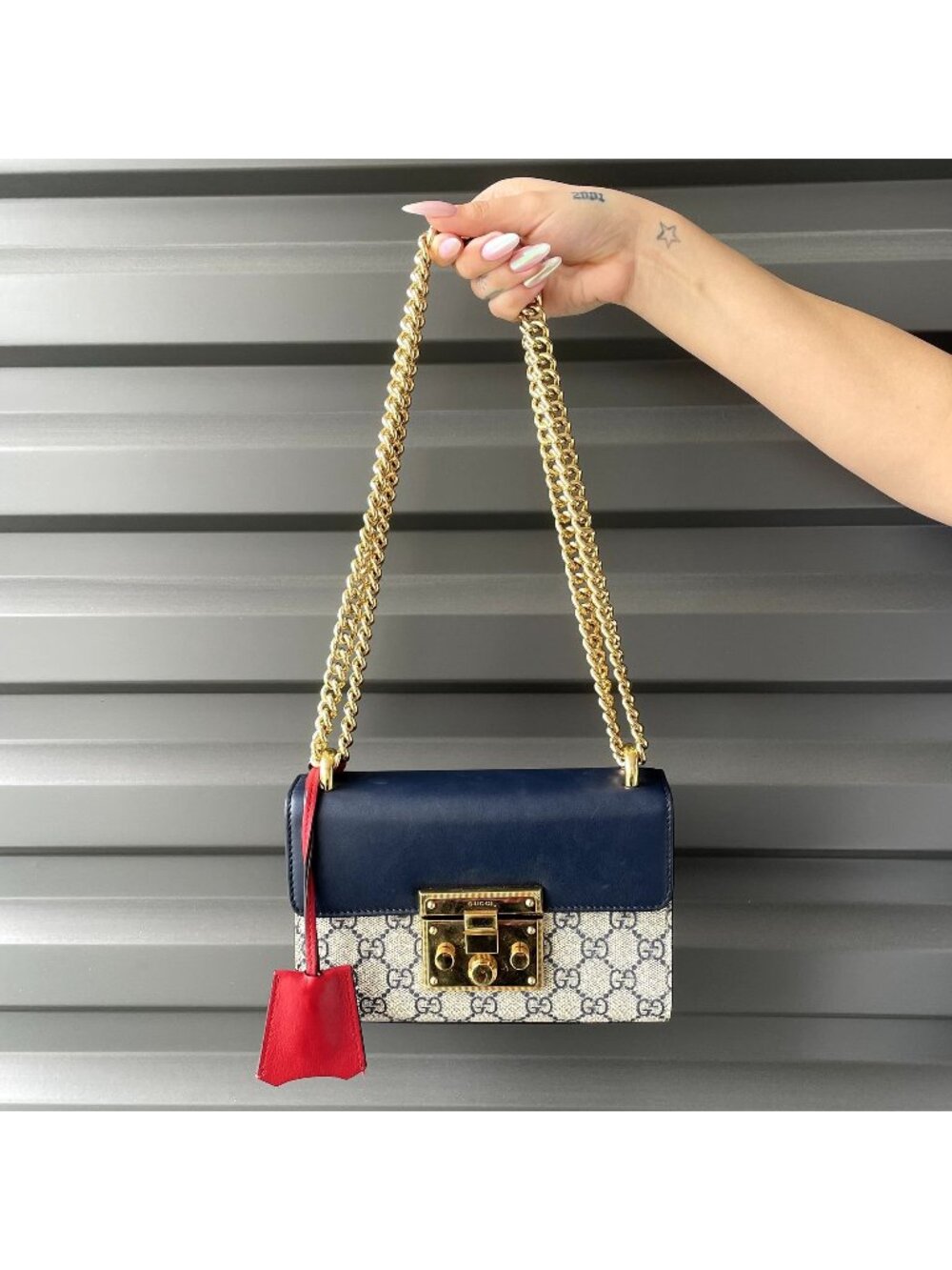 Gucci Navy Blue & Red Leather GG Supreme Monogram Canvas Small Padlock Bag